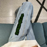 Men Jeans Letter Flocking Jeans Loose Spring and Autumn Retro